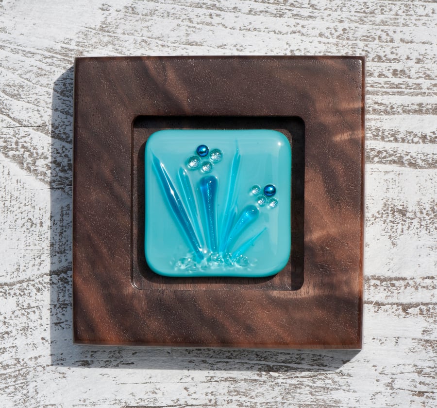 Fused Glass Picture - Stunning Teal Dichroic Lampwork Flowers set in Wood