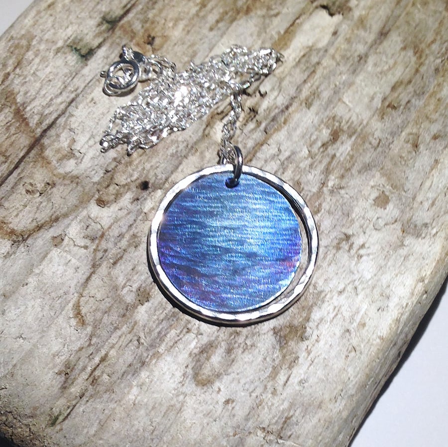 Sterling Silver and Titanium 'Sea View' Disc Pendant Necklace (2) - UK Free Post