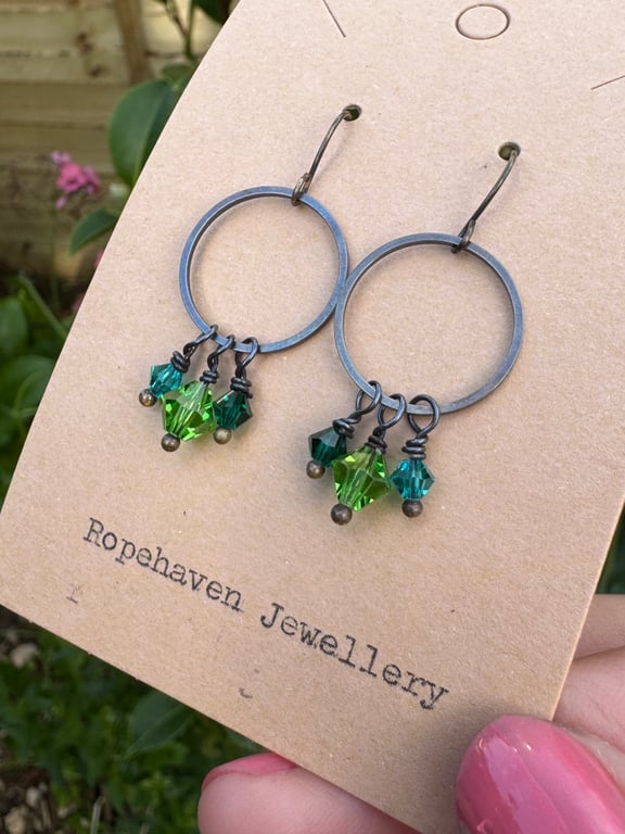 Vintage Crystal Earrings Dainty Hoops with Green Sparkles 