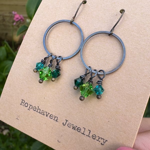 Vintage Crystal Earrings Dainty Hoops with Green Sparkles 