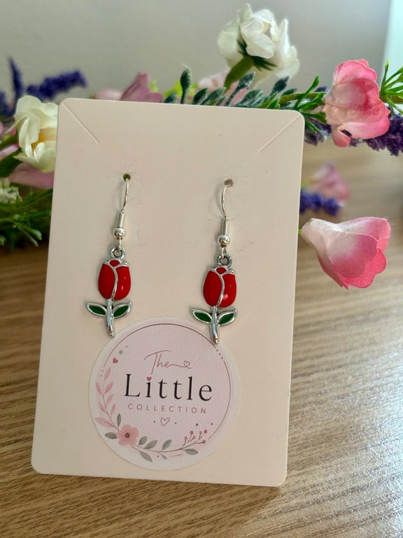 Red Tulip Dangle Earrings, Enamel Floral Charms, Handmade Jewellery