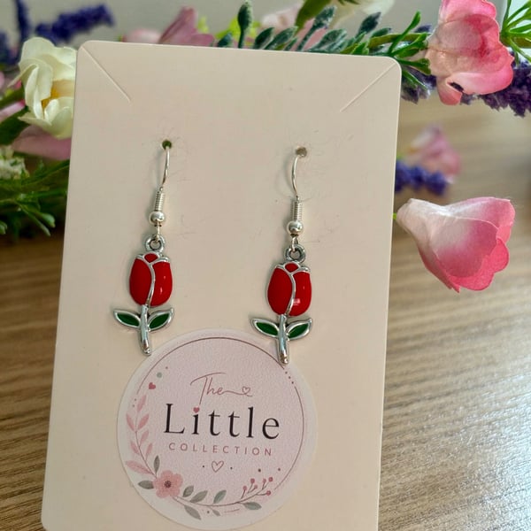 Red Tulip Dangle Earrings, Enamel Floral Charms, Handmade Jewellery