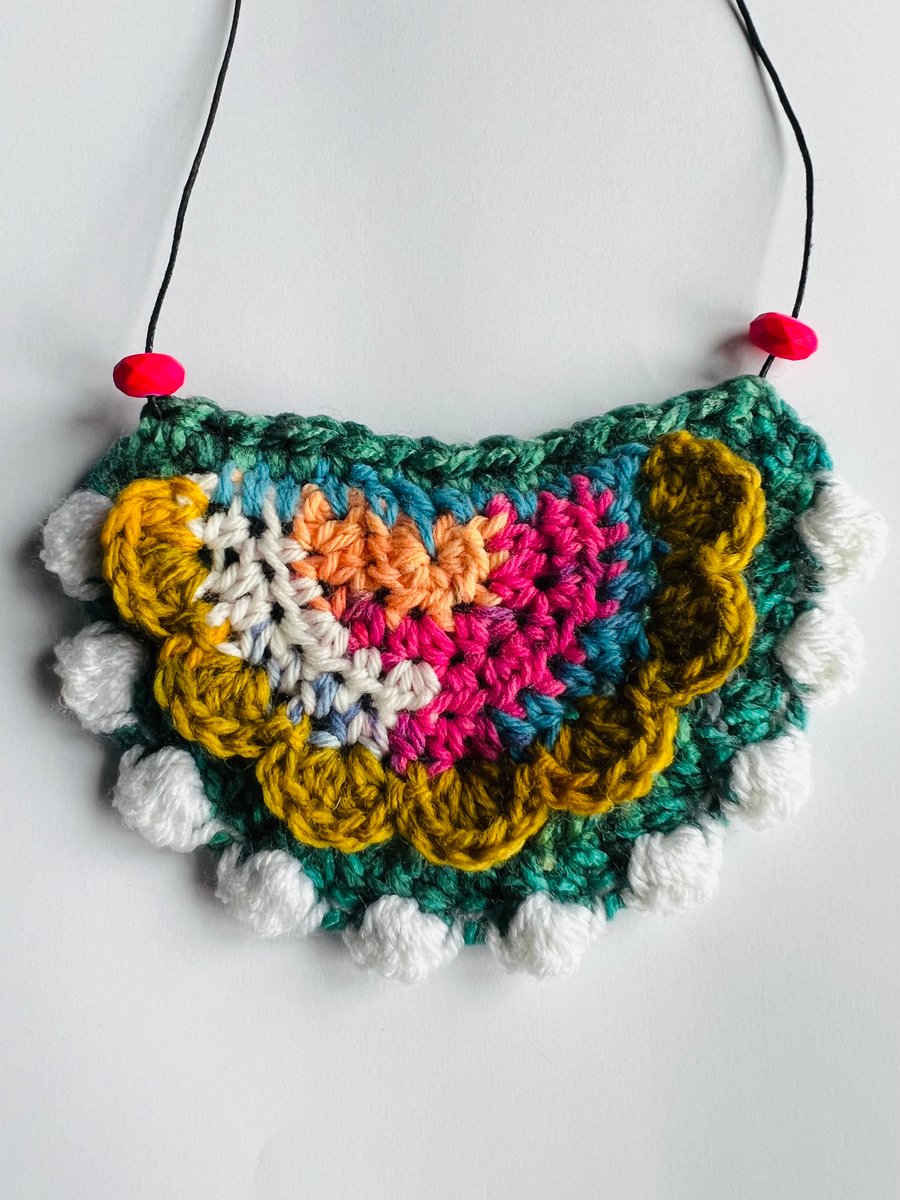 Handmade crochet pom pom and lace layered bib necklace