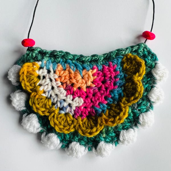 Handmade crochet pom pom and lace layered bib necklace