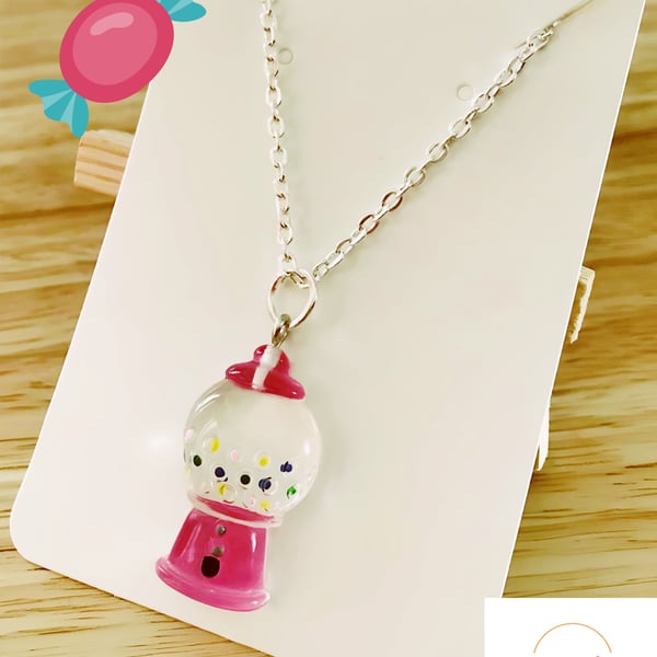 Quirky Pink Bubblegum Machine Necklace, 18 Inch Chain, Fun Handmade Jewellery