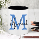 Personalised  Blue Initial and Name Personalised  Pen  - Pencil Pot