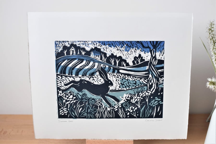 Summer Hare - handmade linocut print by artist and printmaker Christine Dracup