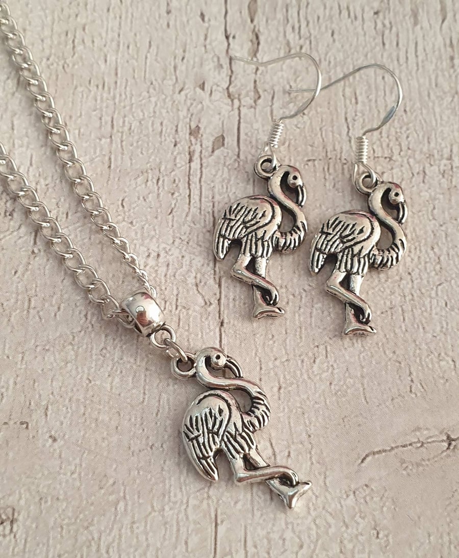 Flamingo Charm Jewellery Set - Dangly Earrings - Necklace - Cord Or Chain