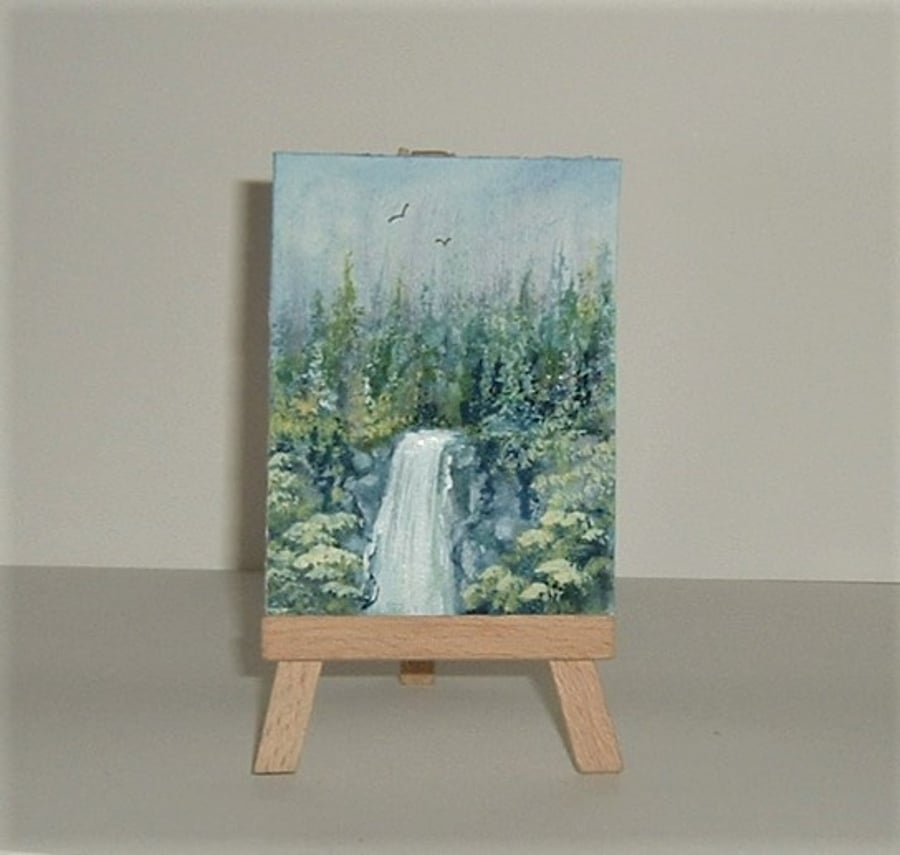 aceo art painting waterfall landscape ( ref 206)