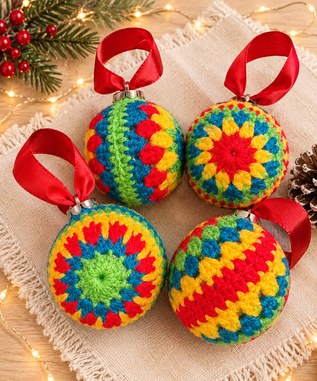 Set of 4 Handmade Crochet Christmas Baubles - Colourful Tree Ornaments - Granny 