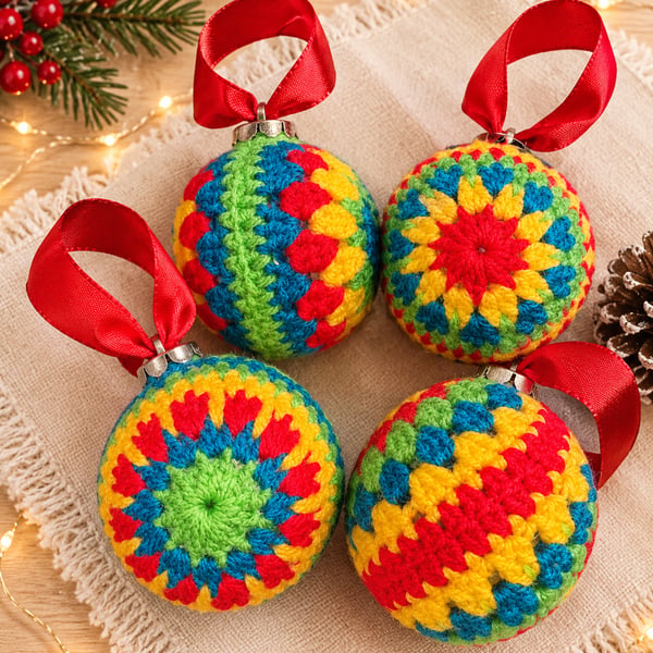 Set of 4 Handmade Crochet Christmas Baubles - Colourful Tree Ornaments - Granny 