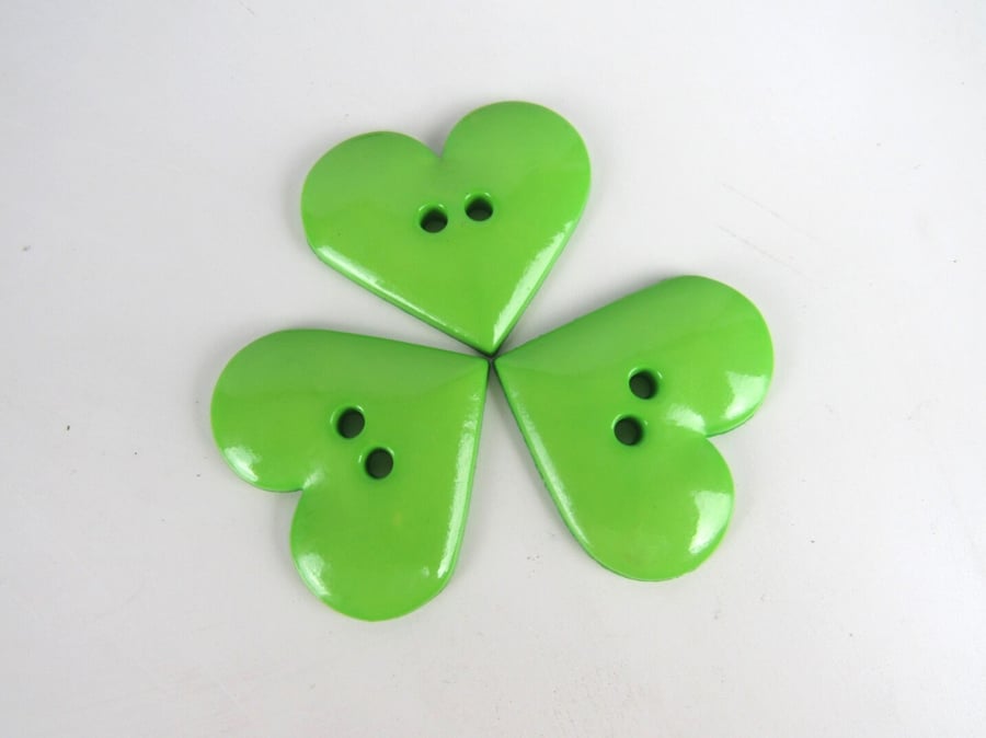 3 Large Green Heart Shaped Buttons