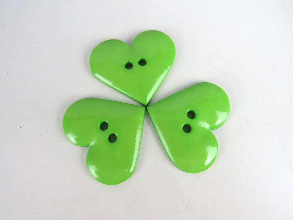 3 Large Green Heart Shaped Buttons