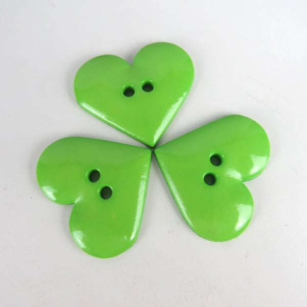 3 Large Green Heart Shaped Buttons