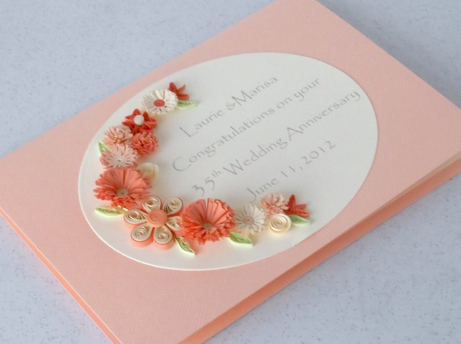 35th coral wedding anniversary card, paper quilling