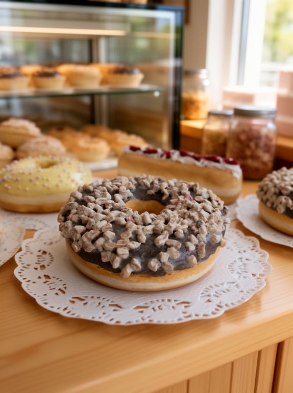 Realistic Chocolate Iced Doughnut with Nut Topping – Faux Dessert Decor