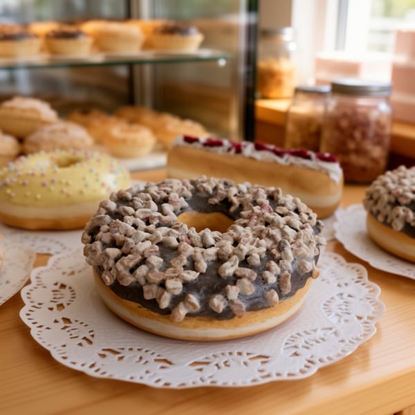 Realistic Chocolate Iced Doughnut with Nut Topping – Faux Dessert Decor