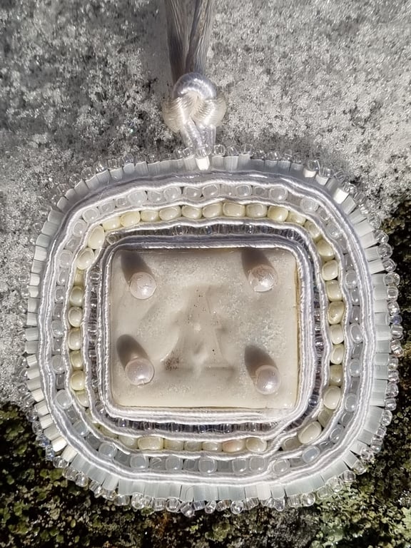 “White Amulet – Porcelain Pendant with Letter A, Soutache & Glass Beads