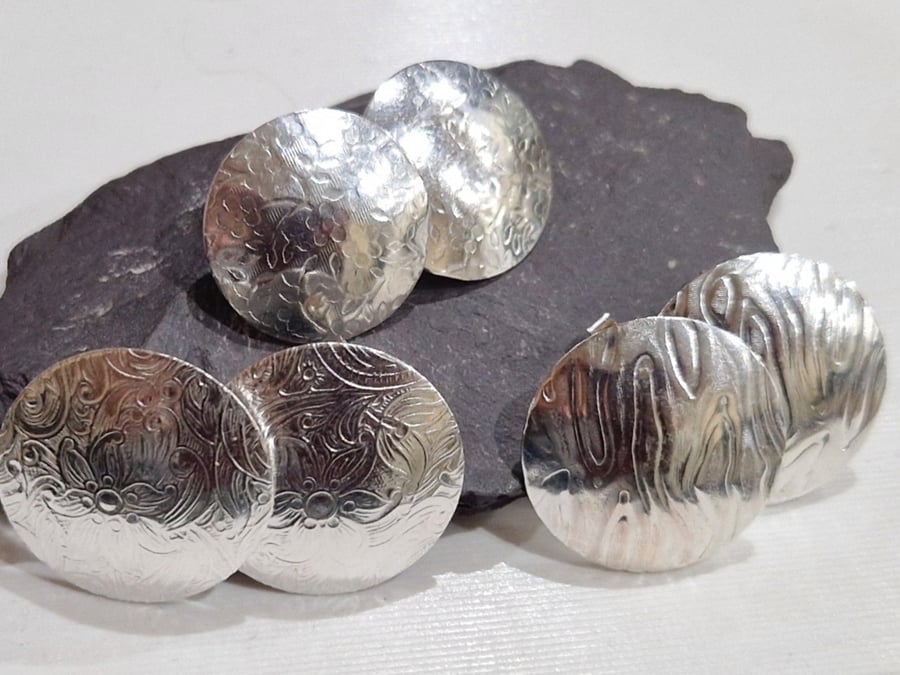 Textured Sterling Silver Disc Stud Earrings: handmade, recycled, ideal gifts