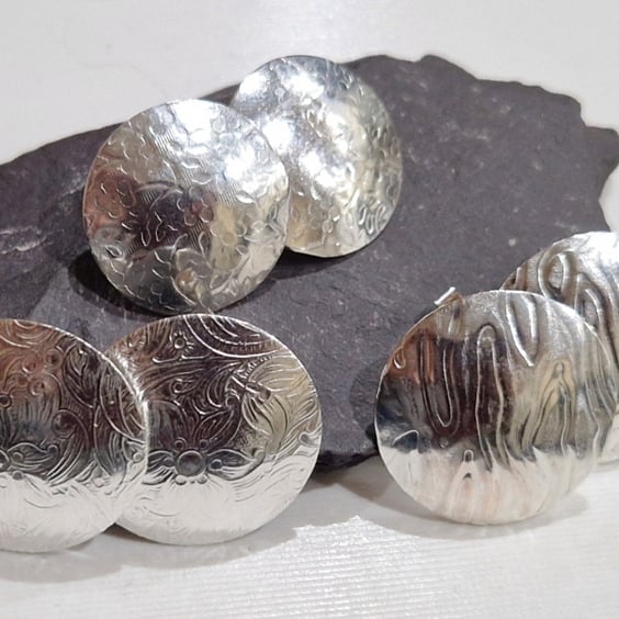 Textured Sterling Silver Disc Stud Earrings: handmade, recycled, ideal gifts
