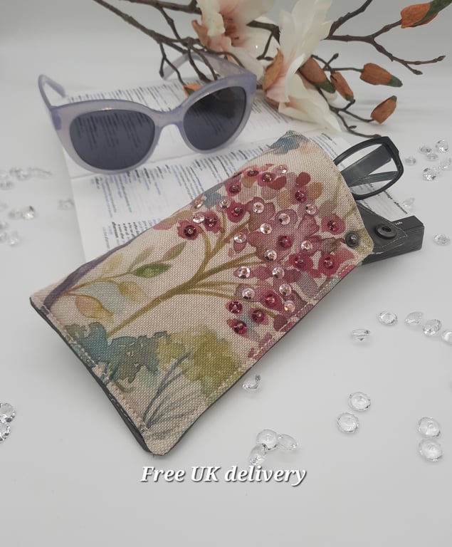 Glasses case pink Allium floral cotton fabric with sequins. 