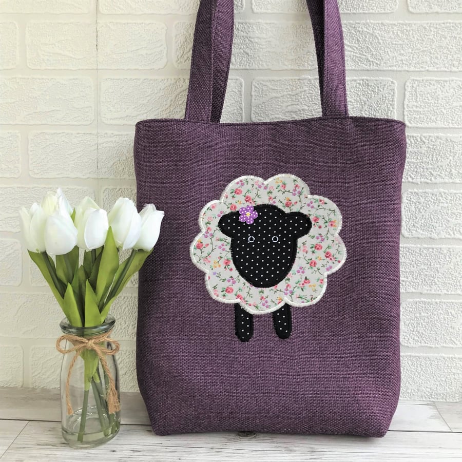 Sheep tote bag in purple with floral applique sheep