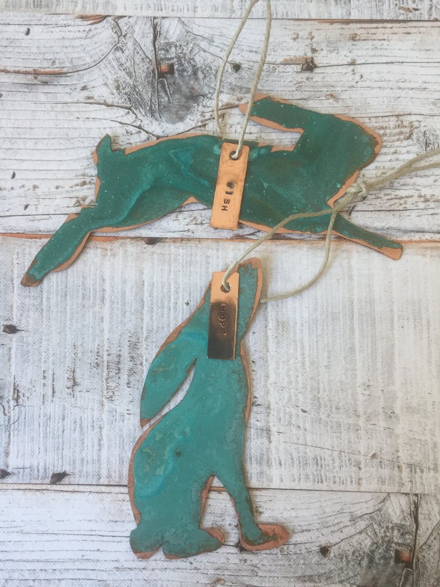 Leaping hare and gazing hare verdigris copper decoration gift set