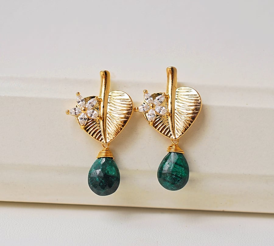 Raw Emerald earrings, Leaves dangle 18k gold plated women handmade earrings