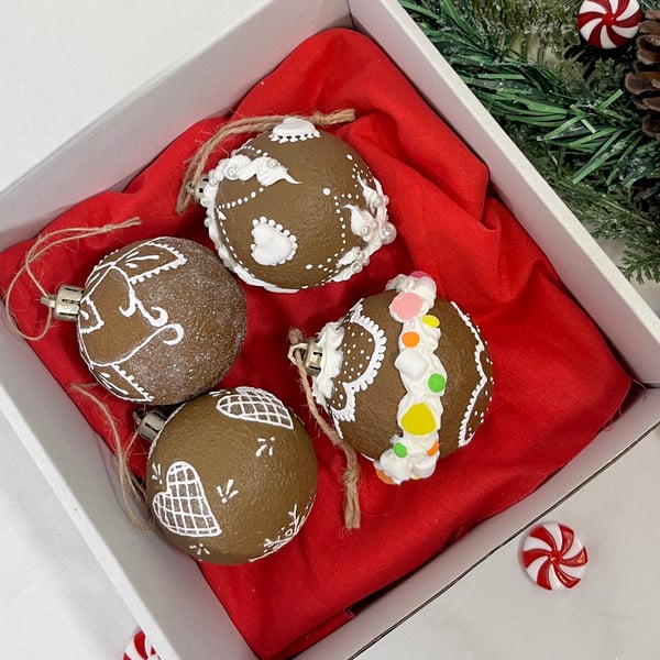 Christmas Tree Decorations Gingerbread Style Hand Painted Balls Handmade