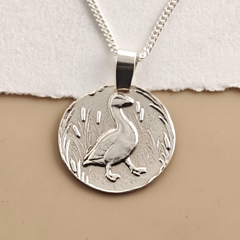Goose Engraved Sterling Silver Coin Necklace