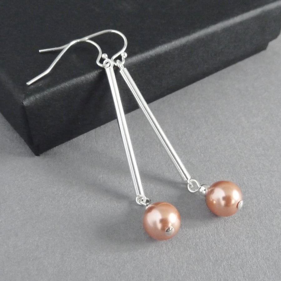 Long Rose Peach Pearl and Silver Bar Dangle Earrings - Coral Drop Earrings