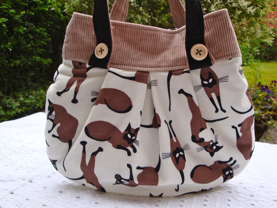 Mini  Handbag -  cotton - brown- black cats - slip pocket - padded - unique.