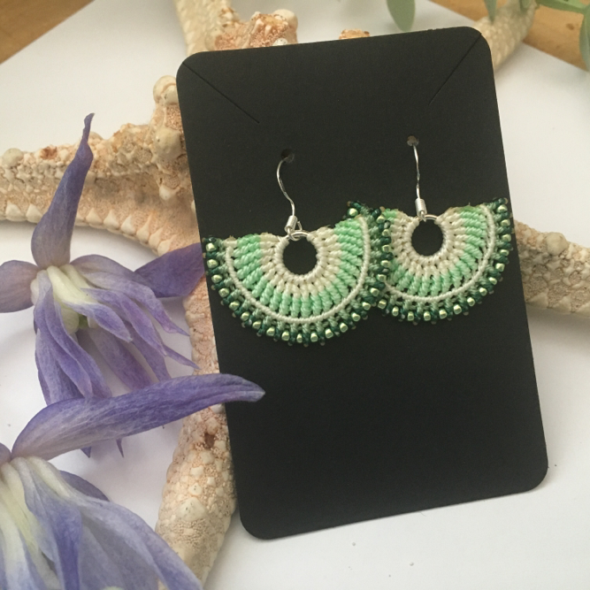 Earrings, micro macrame boho green beaded earrings