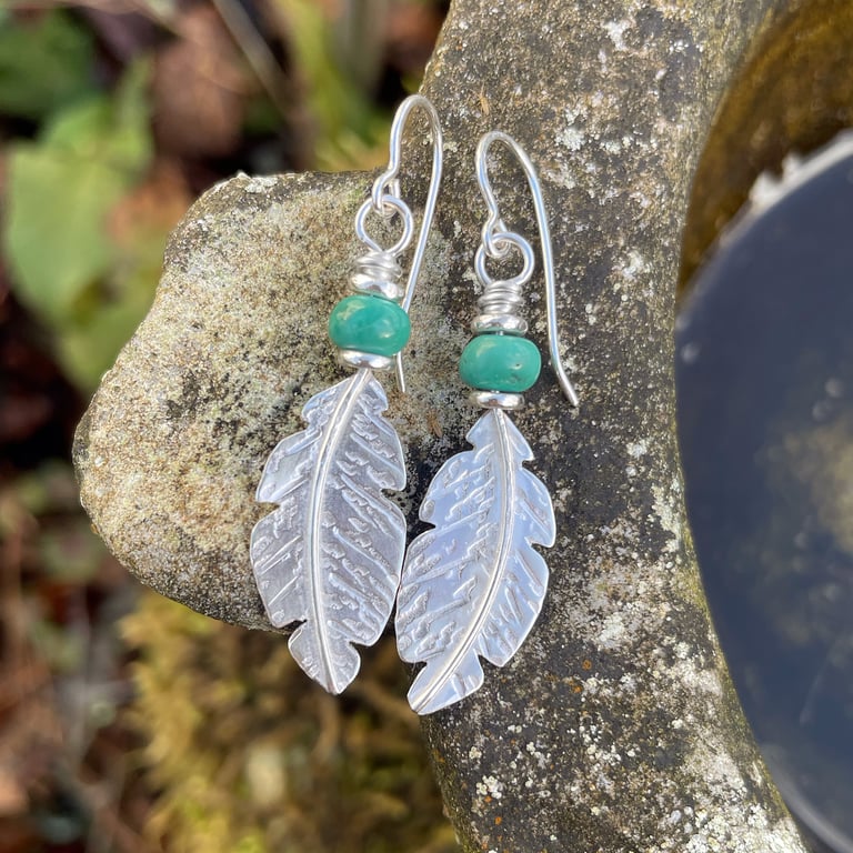 Silver and turquoise feather earrings