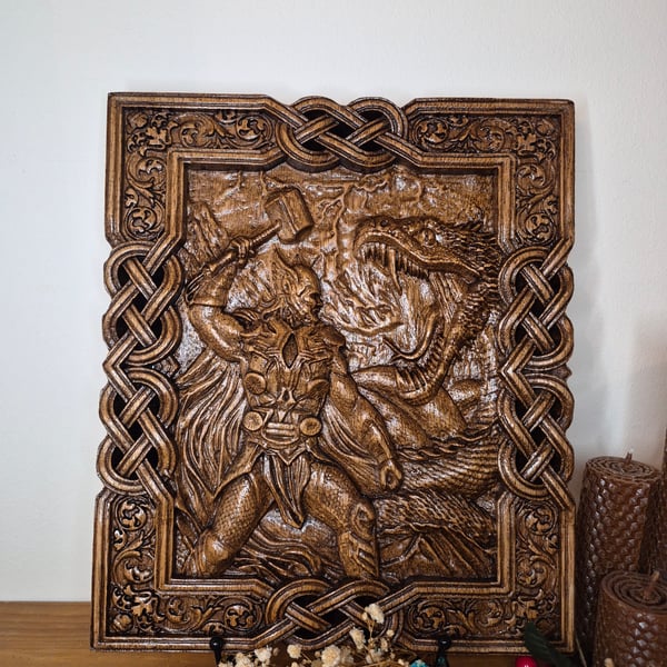 Thor Mythology: Battle of Thor and Serpent – Viking Norse Carved Oak Art