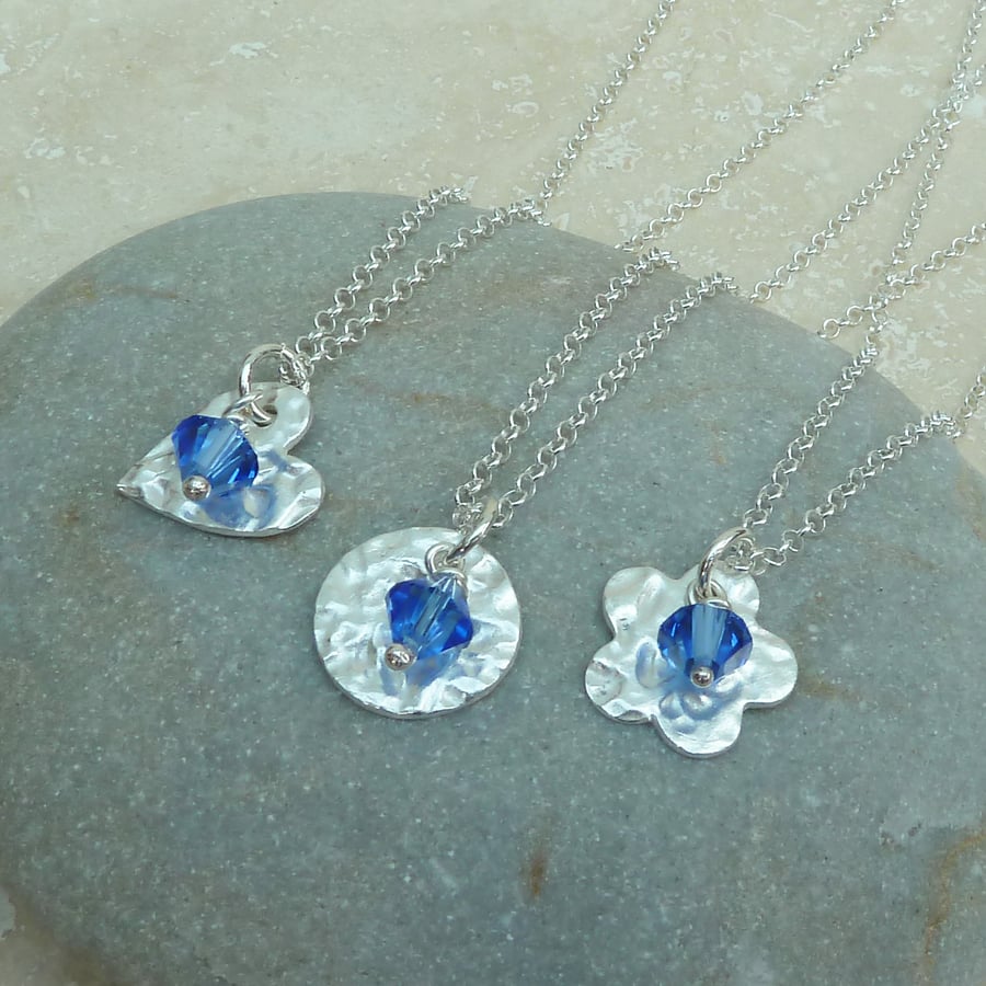 September Birthstone Necklace - Fine Silver Charm & Sapphire Crystal Birthstone