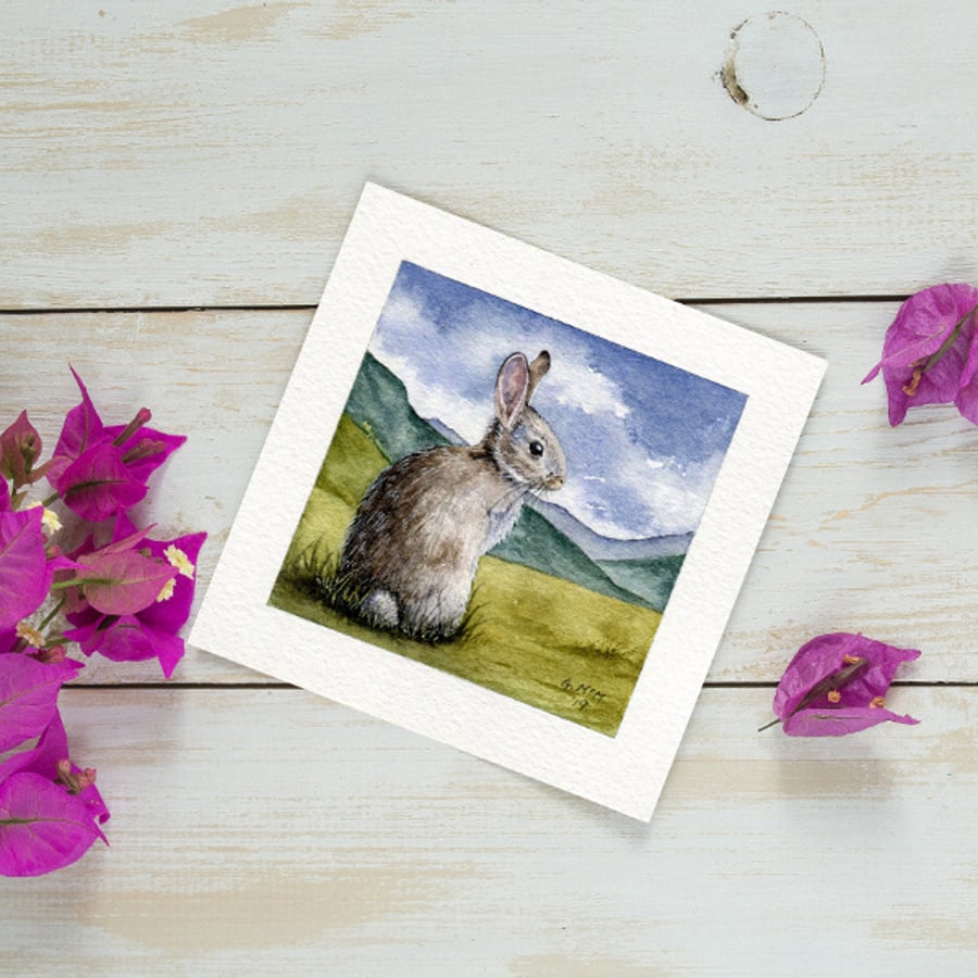  Original Watercolour Miniature painting of a rabbit sitting in the countryside