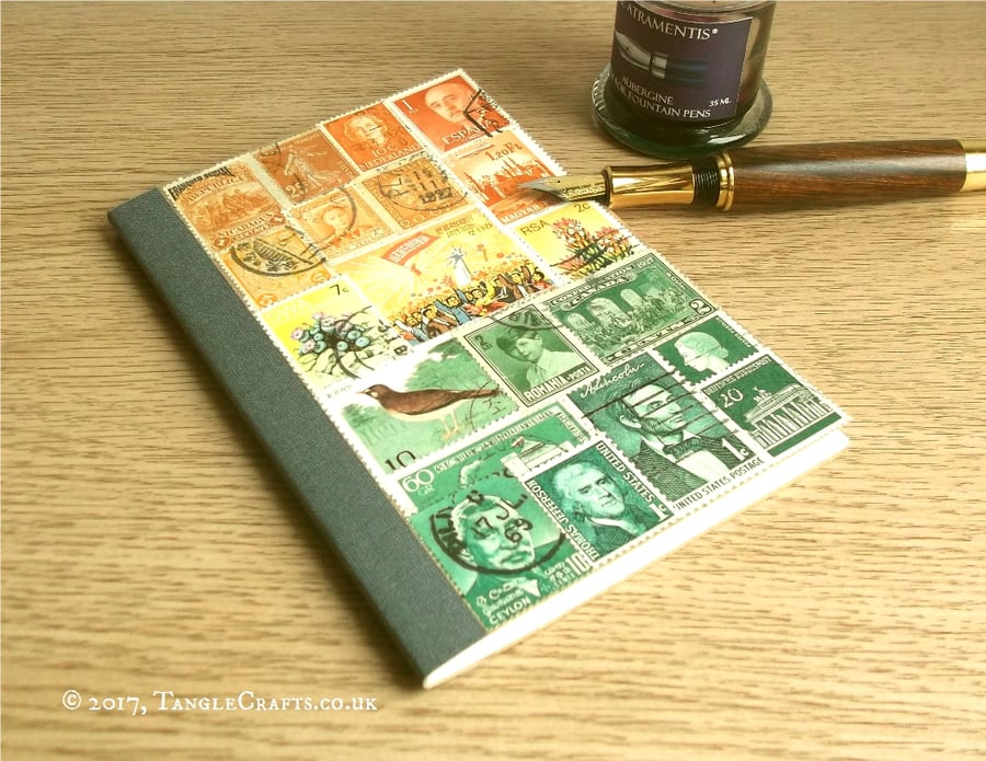 Pocket Bullet Journal - Orange Green Upcycled Postage Stamp Landscape Art