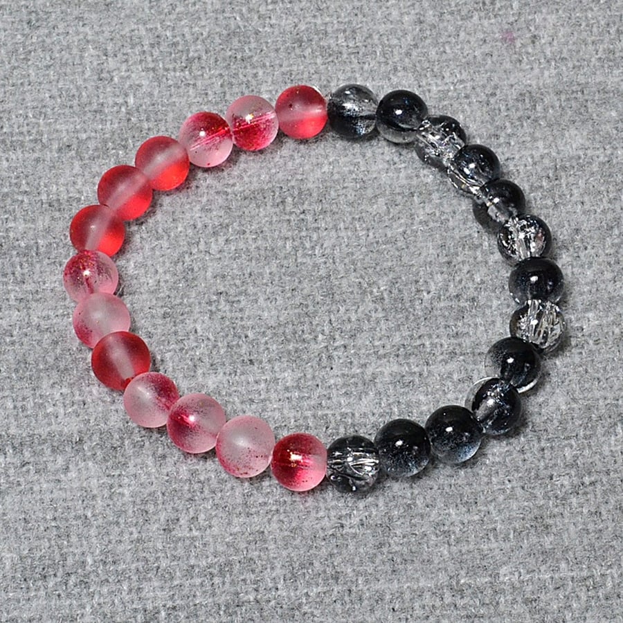 Frosted-Red-Gold & Black-Clear Crackle Glass Bead Elastic Half and Half Bracelet