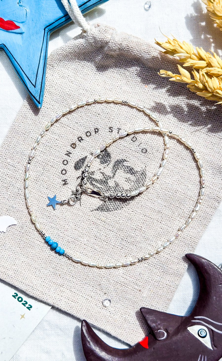 Freshwater Pearl & Turquoise Gemstone Necklace - Sterling Silver - June Birthday