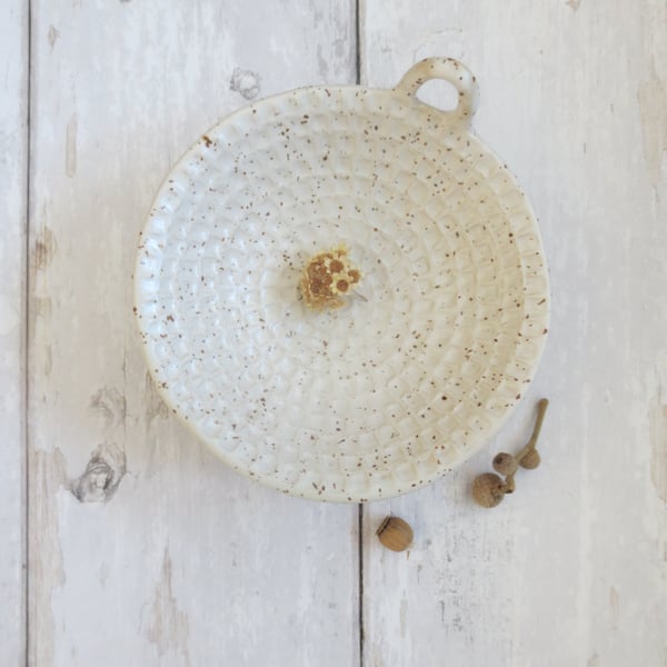 TRINKET DISH hand-built stoneware pottery tealight dish in white with speckle
