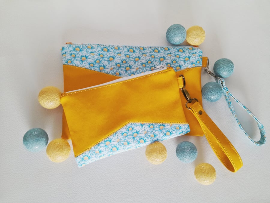  Sunny yellow and blue clutch and wristlet pouch set. Perfect summer bag.