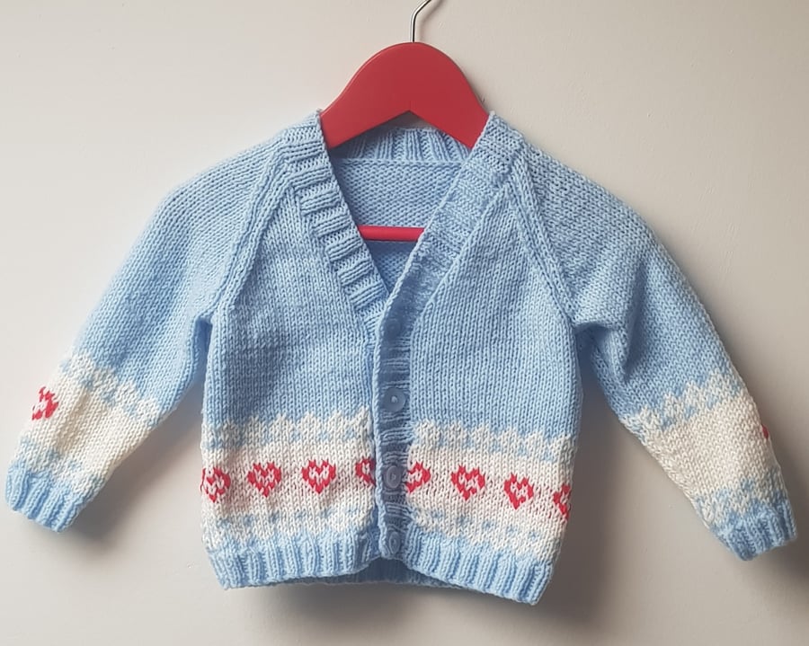 Age 1-2 years pale blue cardigan with red hearts