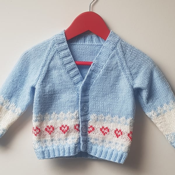 Age 1-2 years pale blue cardigan with red hearts