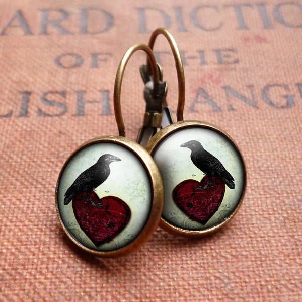 Raven and Red Heart No.2 Leverback Earrings (RR09)