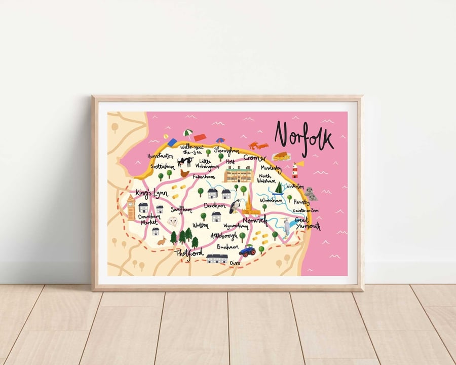 Illustrated Norfolk UK Map Art Print