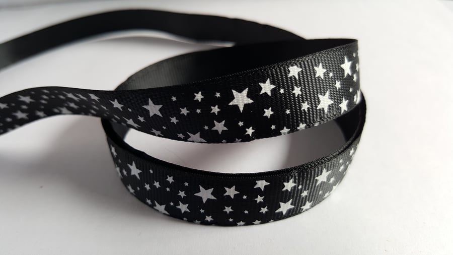 3m Printed Ribbon - Grosgrain - 16mm - Stars - Black 