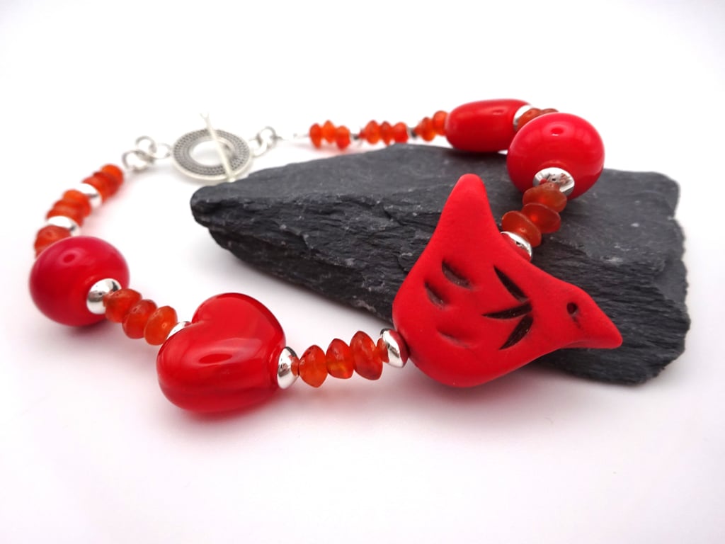 red lampwork glass bracelet, bird gemstone carnelian jewellery