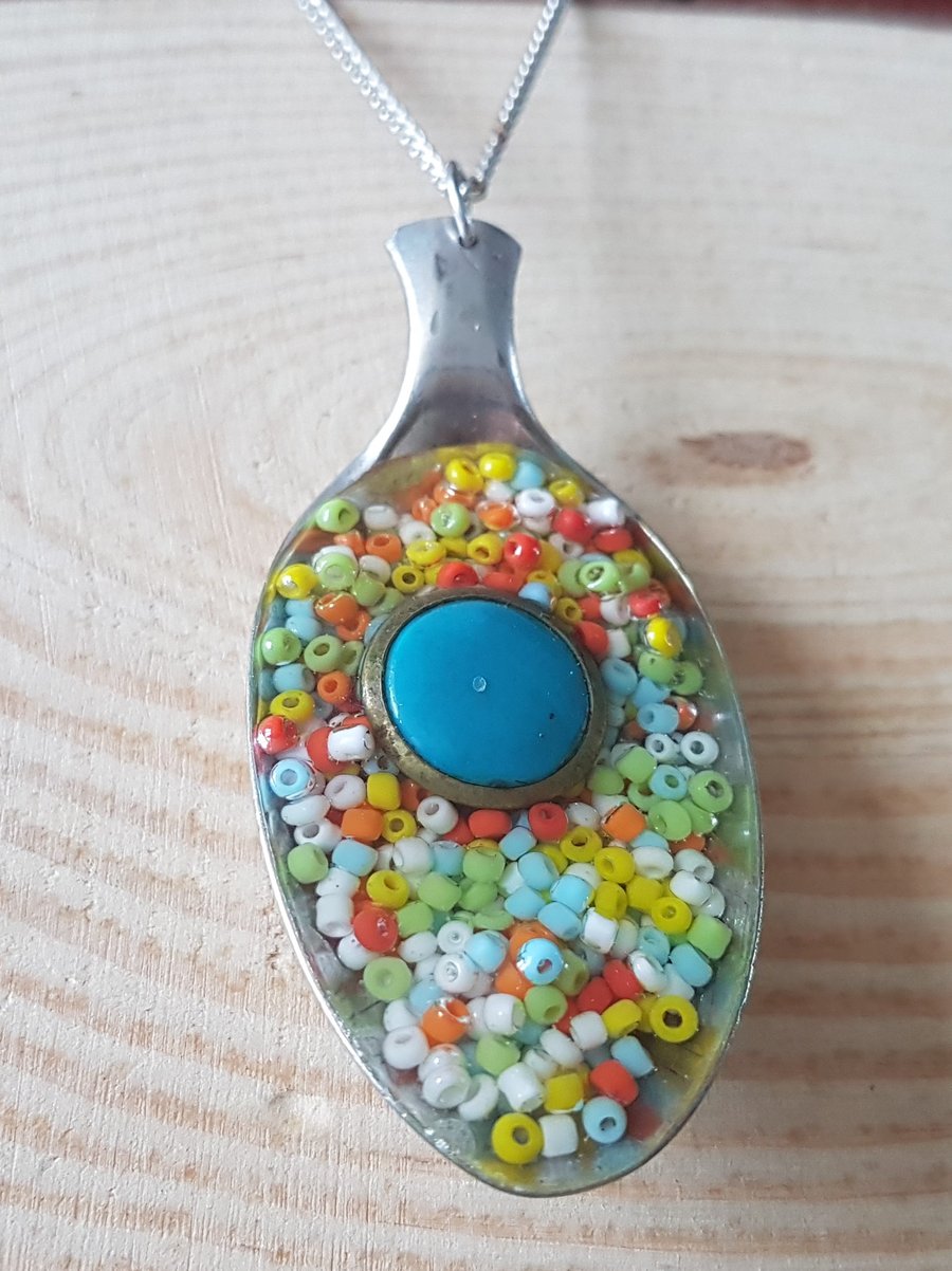 Upcycled Silver Plated Dessert Spoon Filled with Seed Beads SPN061503