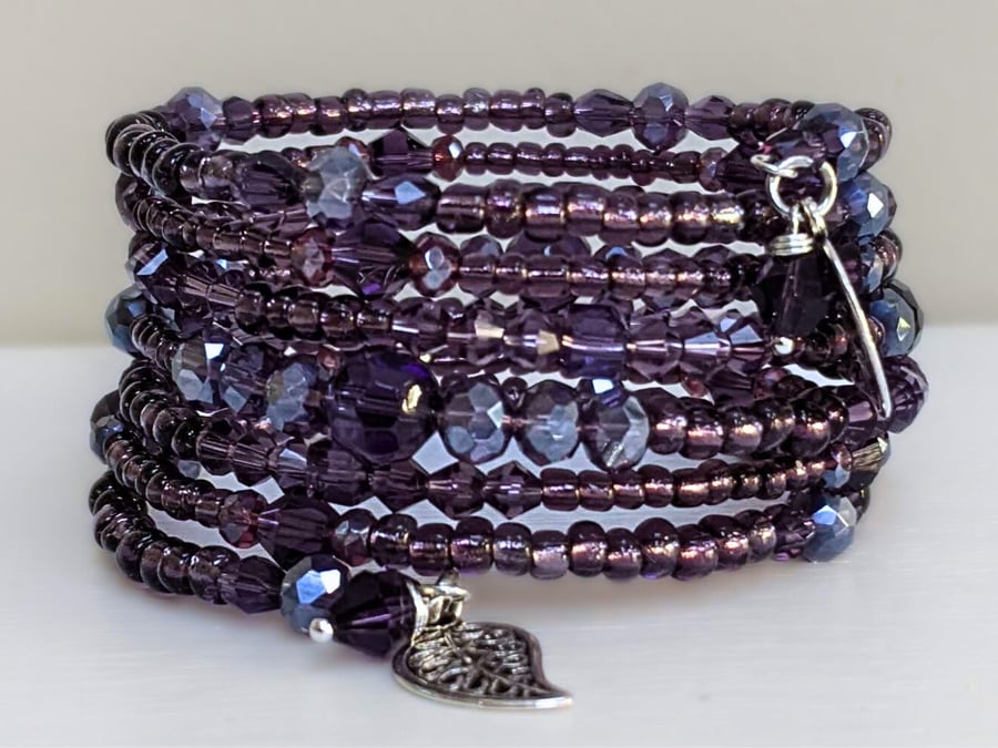 Deep Purple Wrap Memory Wire Bracelet,  Boho Cuff Bangle